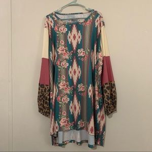 CRAZY TRAIN Aztec Printed Tunic with Dusty pink and Cheetah printed sleeves!